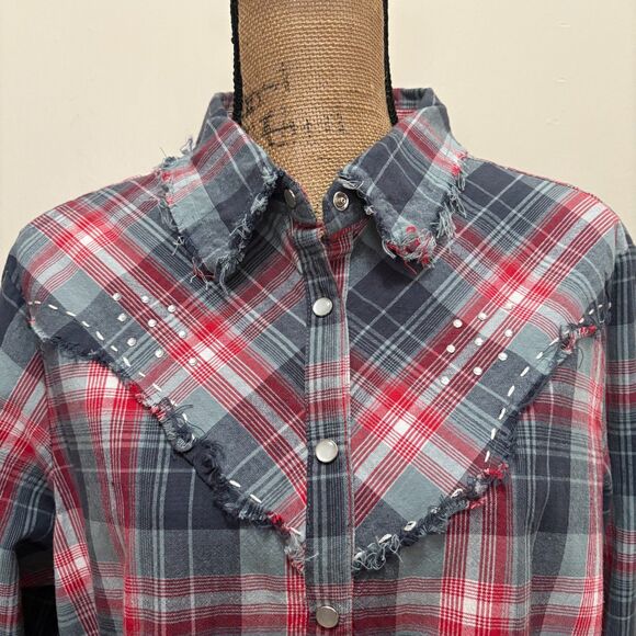Gordon & James Mustang Oasis Western Shirt Embellished Red Gray Plaid Size XL - Picture 2 of 5